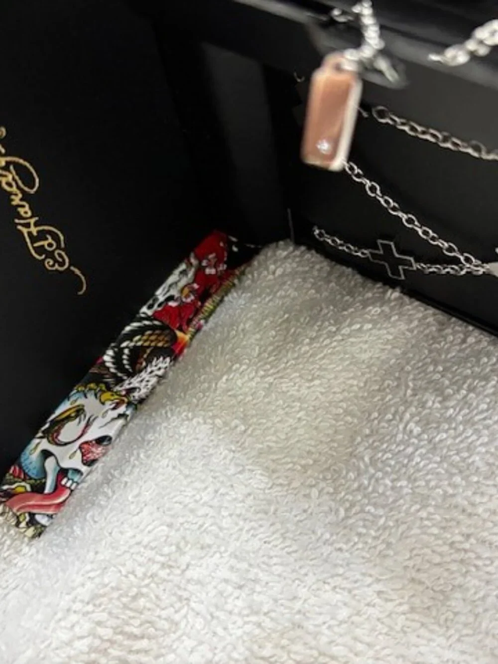 Ed Hardy stainless steel 'cross' necklace and bracelet two-piece set New in Box